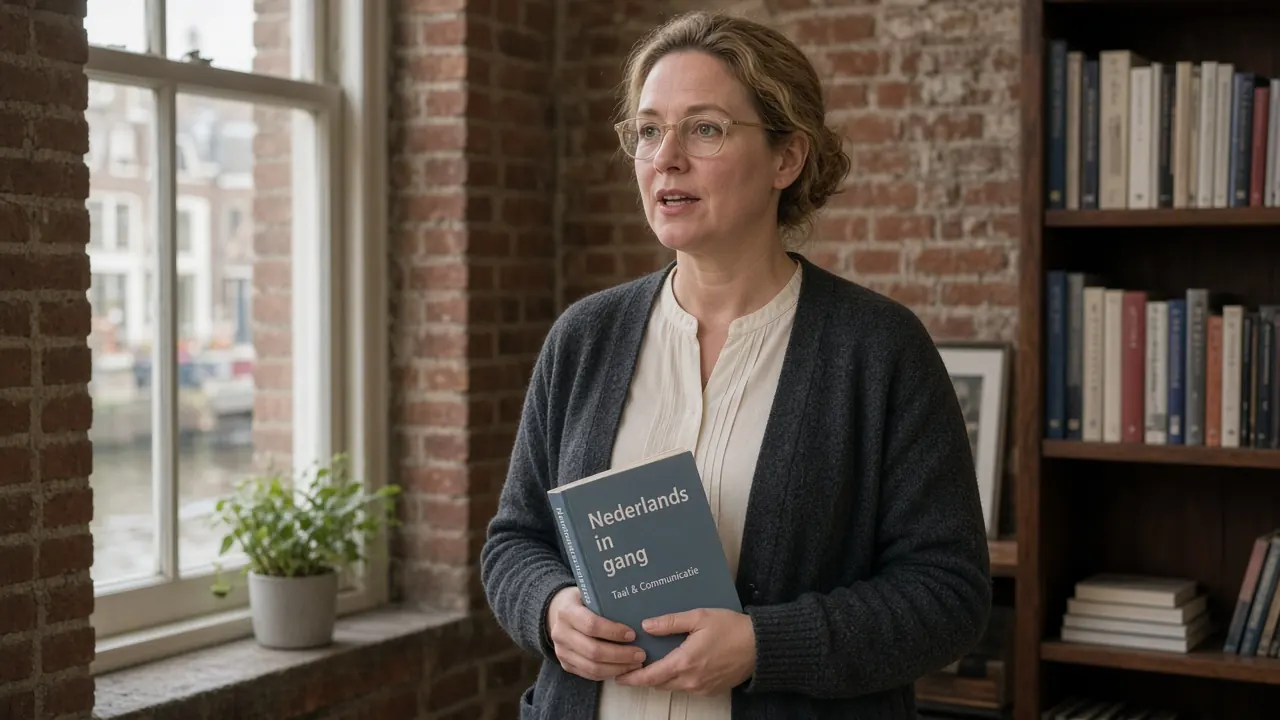 Anouk de Wit met een Nederlands lesboek in een Utrechts grachtenpandleslokaal van DigiHuis