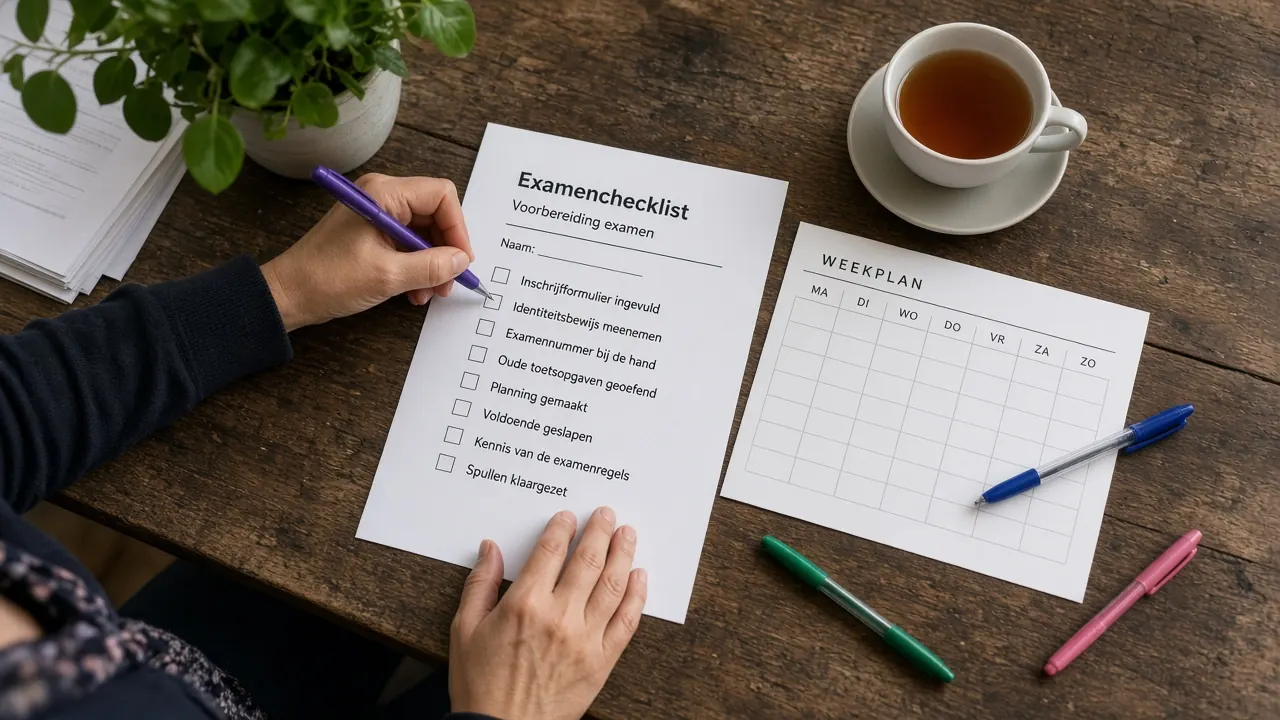 Handen vinken een papieren examenchecklist af op een houten tafel in een Utrechts taallokaal