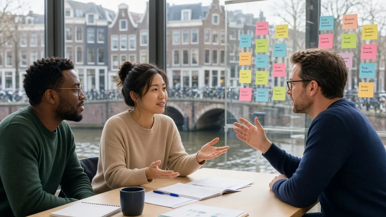 Internationale expats oefenen Nederlands bij een raam met zicht op Utrechtse grachtengels