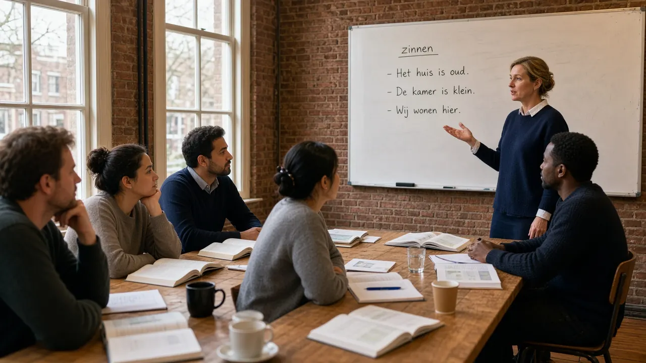 Volwassen NT2-cursisten aan een eikenhouten tafel in een Utrechts grachtenpandleslokaal met docent