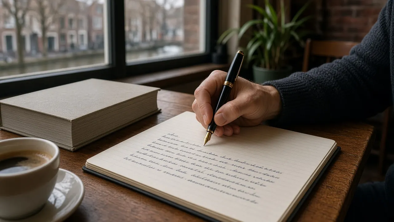 Volwassen cursist schrijft een formele Nederlandse brief aan een houten bureau in Utrecht