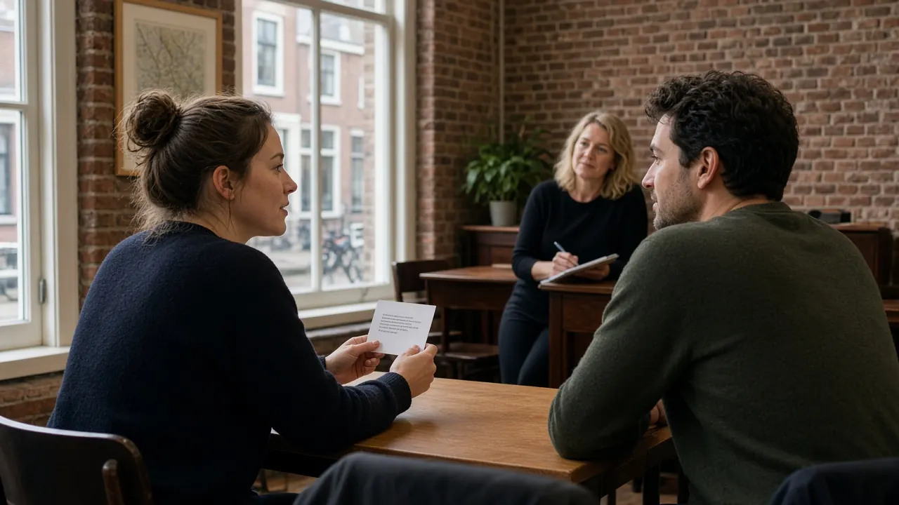 Twee volwassen cursisten oefenen een Nederlands examengesprek terwijl de docent meeluistert in Utrecht