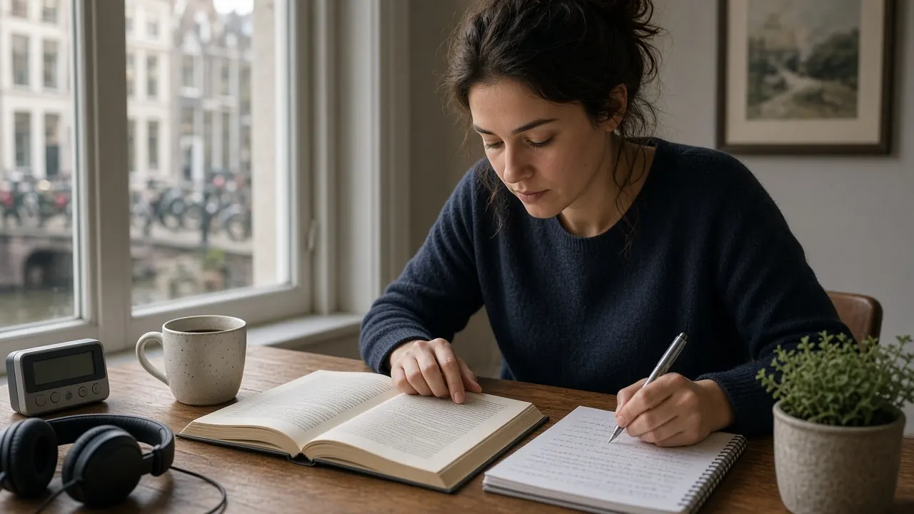 Cursist bereidt Staatsexamen NT2 voor aan een bureau met oefenboek en koptelefoon in Utrecht
